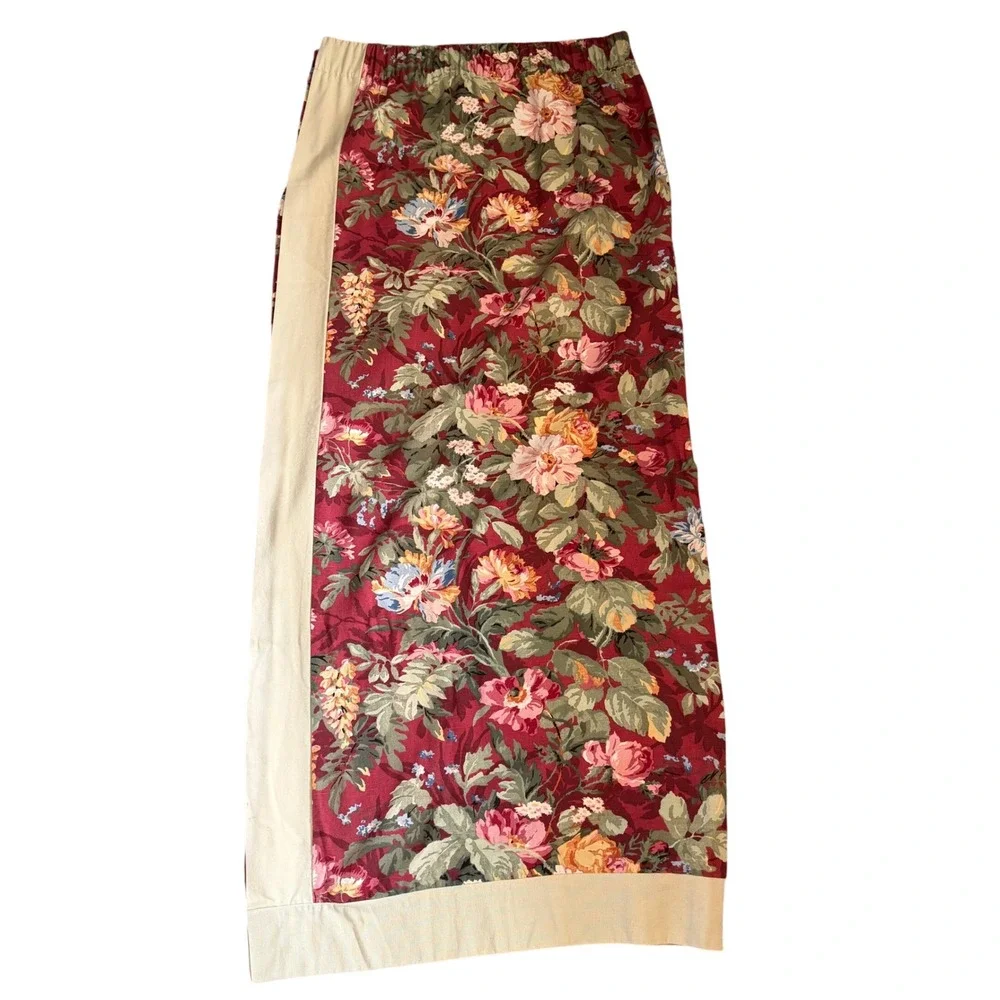 Handmade Curtain Panels Set of 4 Burgundy Floral Cream Border Excellent 48x62